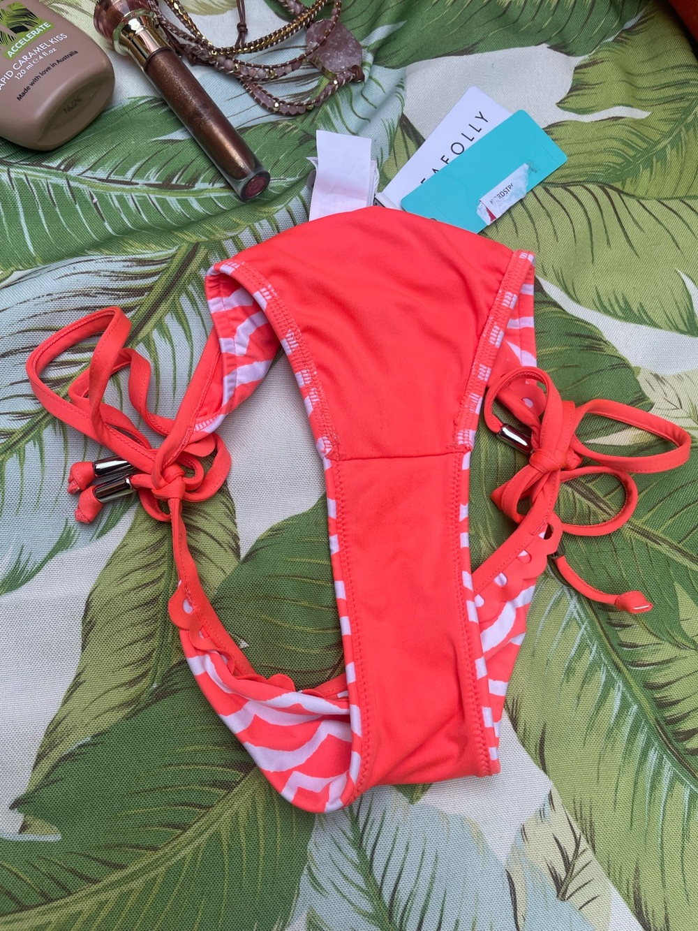 Seafolly NWT Sz 2 Tidal Wave Brazilian Side Tie Bikini Bottom in Nectarine/White - Picture 5 of 10